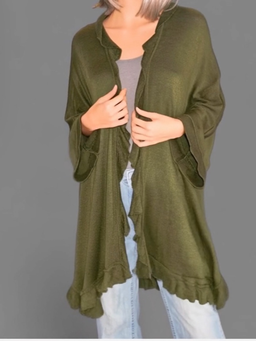 NWT April Marin Olive Green Cascade Ruffle Knit Poncho Shawl OS 🌿